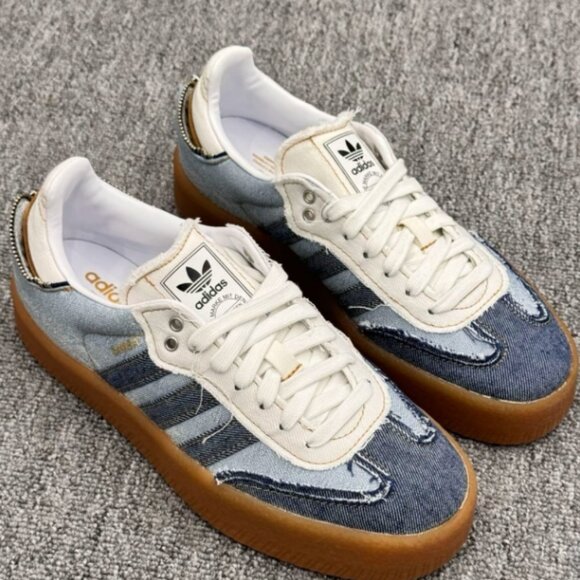 Adidas denim patchwork retro sneakers, distressed wash style casual shoes - Picture 5 of 6
